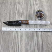 Selenite Spiral Handle Obsidian Blade Ornamental Knife #0344 Mountain Man Knife