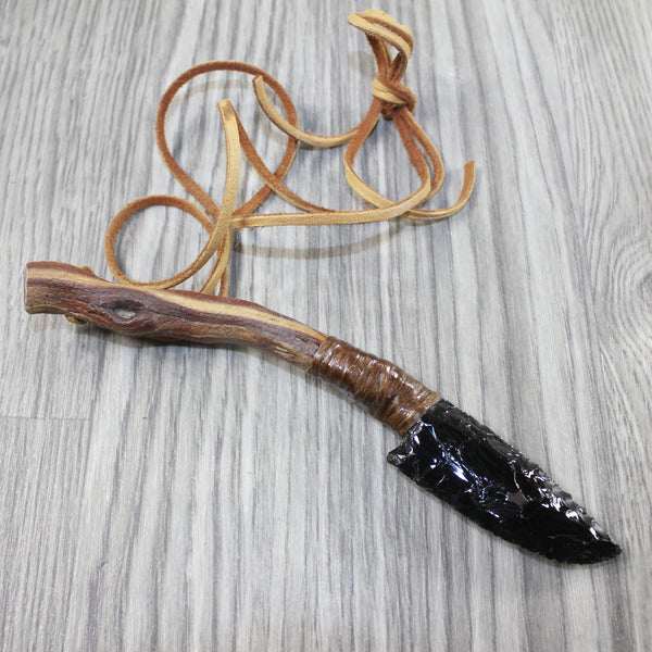 Ghost Wood Handle Obsidian Blade Knife Necklace  #5742 Mountain Man Necklace