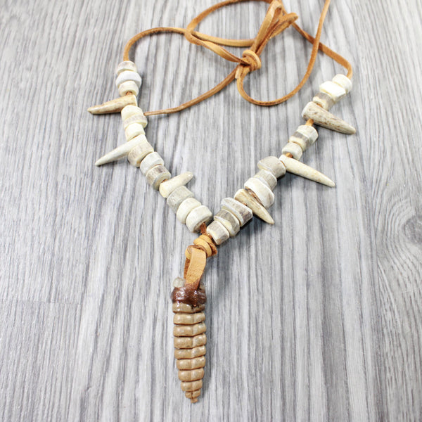Very Large Rattlesnake Rattle Plus Antler Bead Necklace  #4150    Mountain Man Necklace