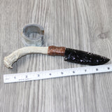 Deer Antler Crown Handle Obsidian Blade Ornamental Knife #8663  Mountain Man Knife