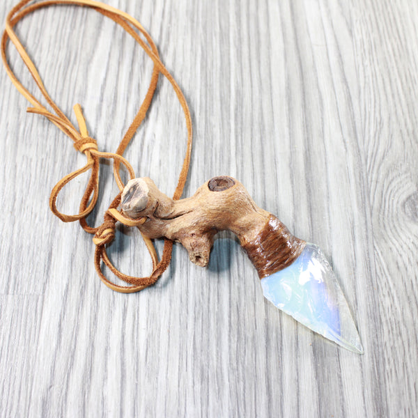 Grapevine Wood Handle Opalite  Blade Knife Necklace  #6755  Mountain Man Necklace