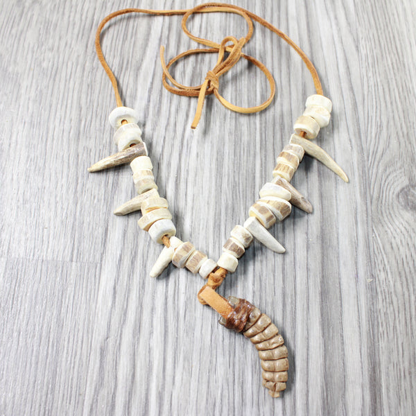 Rattlesnake Rattle  Plus Antler Bead Necklace  #4356    Mountain Man Necklace