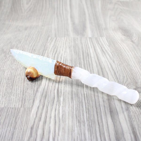 Selenite Spiral Handle Opalite Blade Ornamental Knife #8556     Mountain Man Knife