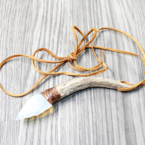 Antler Brow Tine Handle Opalite Blade Knife Necklace  #5157  Mountain Man Necklace