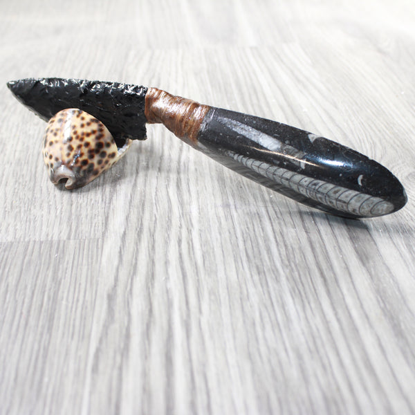 Orthoceras Fossil Handle Obsidian Blade Ornamental Knife #0357  Mountain Man Knife