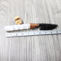 Selenite Spiral Handle Obsidian Blade Ornamental Knife #0357  Mountain Man Knife