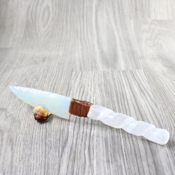 Selenite Spiral Handle Opalite Blade Ornamental Knife #3658     Mountain Man Knife
