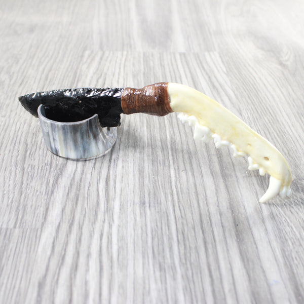 Coyote Jaw Handle Obsidian Blade Ornamental Knife #8958  Mountain Man Knife