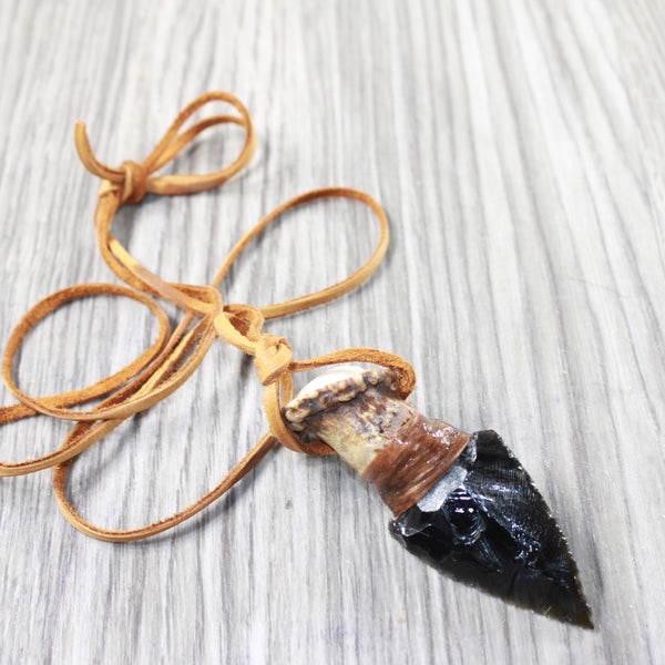 Small Antler Crown Handle  Obsidian Blade Knife Necklace  #5358  Mountain Man Necklace