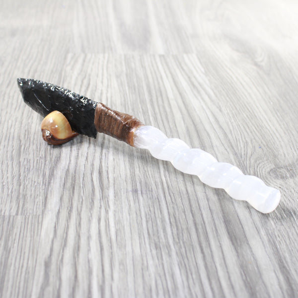 Selenite Spiral Handle Obsidian Blade Ornamental Knife #3158     Mountain Man Knife