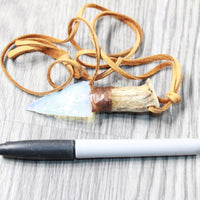 Antler Crown Handle  Opalite Blade Knife Necklace  #6159  Mountain Man Necklace