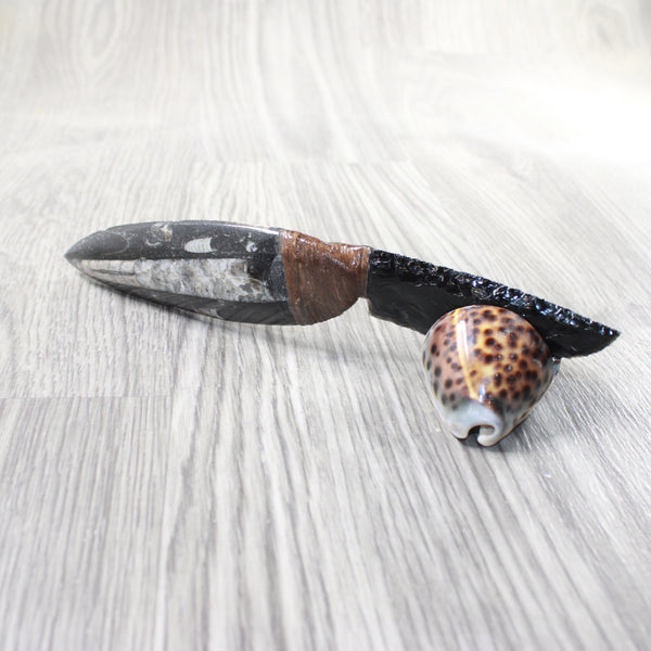 Orthoceras Fossil Handle Obsidian Blade Ornamental Knife #8559  Mountain Man Knife