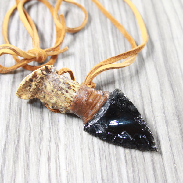 Antler Crown Handle Obsidian  Blade Knife Necklace  #6659  Mountain Man Necklace