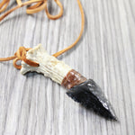 Antler Crown Handle Obsidian  Blade Knife Necklace  #6259  Mountain Man Necklace