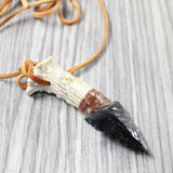 Antler Crown Handle Obsidian  Blade Knife Necklace  #6259  Mountain Man Necklace