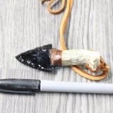Antler Crown Handle Obsidian  Blade Knife Necklace  #6259  Mountain Man Necklace