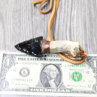 Antler Crown Handle Obsidian  Blade Knife Necklace  #6259  Mountain Man Necklace
