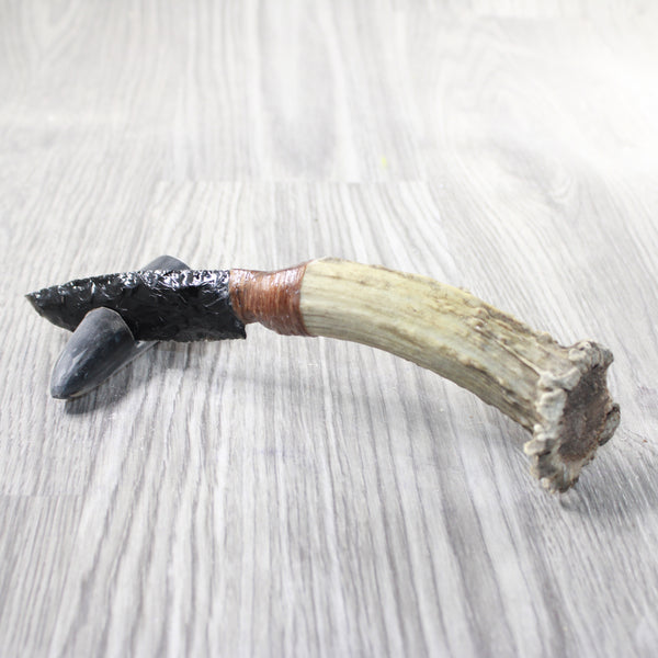 Deer Antler Crown Handle Obsidian Blade Ornamental Knife #2459  Mountain Man Knife