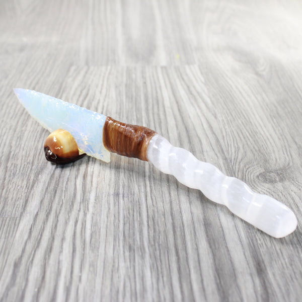 Selenite Spiral Handle Opalite Blade Ornamental Knife #3559     Mountain Man Knife