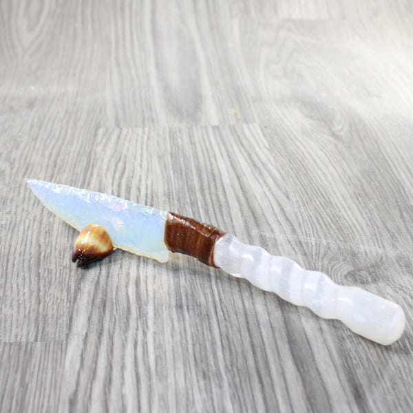 Selenite Spiral Handle Opalite Blade Ornamental Knife #8859     Mountain Man Knife