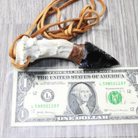 Antler Crown Handle  Obsidian Blade Knife Necklace  #6250  Mountain Man Necklace