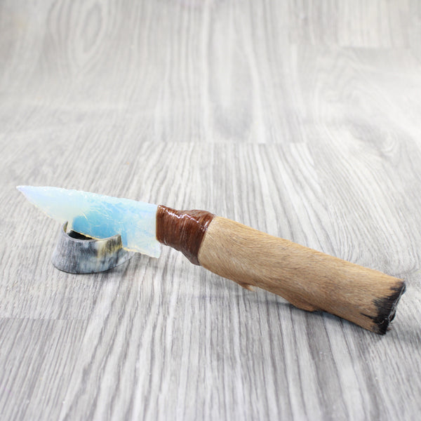 Hair-on Deer Bone Handle Opalite Blade Ornamental Knife #7350     Mountain Man Knife