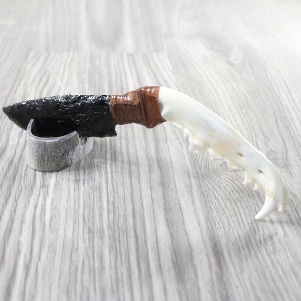Coyote Jaw Handle Obsidian Blade Ornamental Knife #1350  Mountain Man Knife