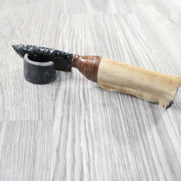 Hair-on Deer Bone Handle Obsidian Blade Ornamental Knife #455n  Mountain Man Knife
