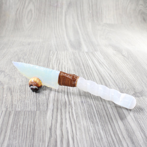 Selenite Spiral Handle Opalite Blade Ornamental Knife #805n     Mountain Man Knife