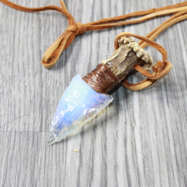 Antler Crown Handle Opalite Blade Knife Necklace  #525n  Mountain Man Necklace