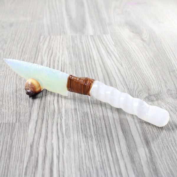 Selenite Spiral Handle Opalite Blade Ornamental Knife #765n     Mountain Man Knife