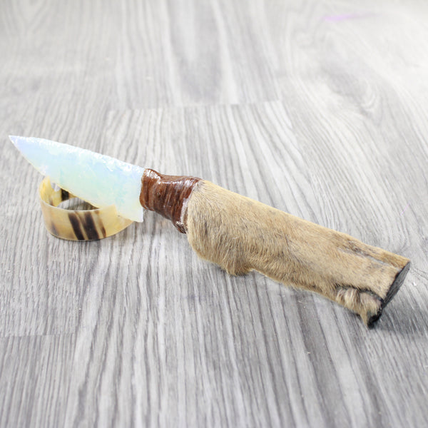 Hair-on Deer Bone Handle Opalite Blade Ornamental Knife #975n     Mountain Man Knife