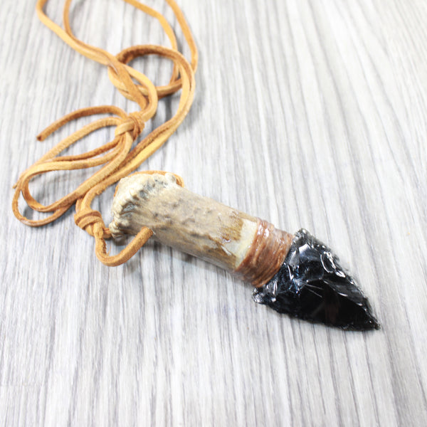 Deer Antler Crown Handle Obsidian  Blade Knife Necklace  #565n  Mountain Man Necklace