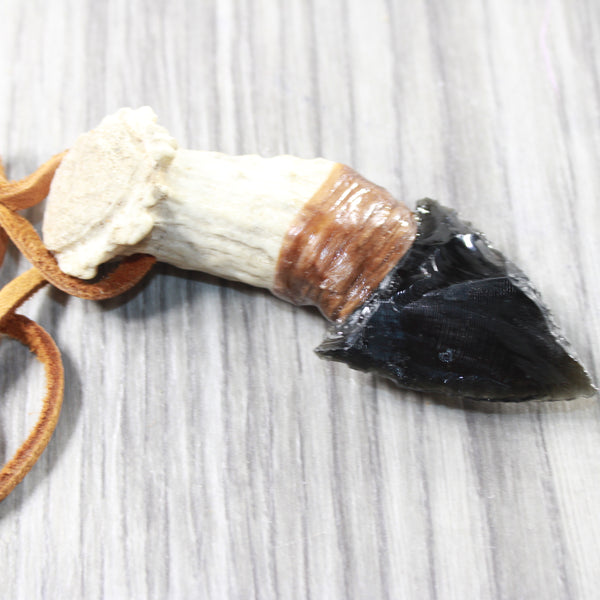 Antler Crown Handle  Obsidian  Blade Knife Necklace  #625d  Mountain Man Necklace
