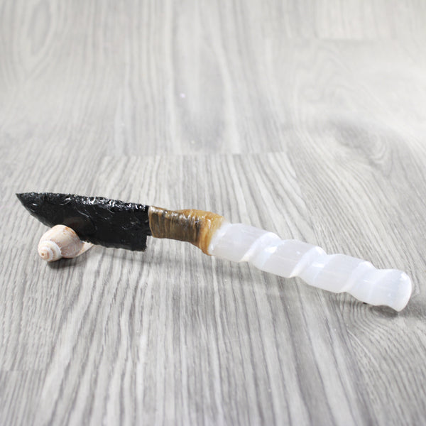 Selenite Spiral Handle Obsidian Blade Ornamental Knife #8151 Mountain Man Knife