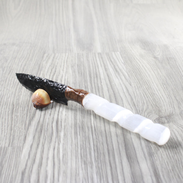 Selenite Spiral  Handle Obsidian Blade Ornamental Knife #8053  Mountain Man Knife