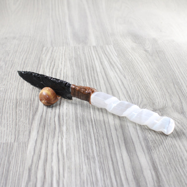 Selenite Spiral Handle Obsidian Blade Ornamental Knife #0154  Mountain Man Knife