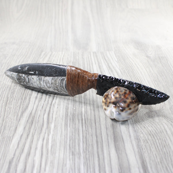 Orthoceras Fossil Handle Obsidian Blade Ornamental Knife #0254  Mountain Man Knife