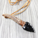 Antler Brow Tine Handle Obsidian  Blade Knife Necklace  #5454  Mountain Man Necklace