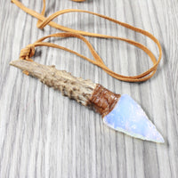 Antler Brow Tine Handle Opalite Blade Knife Necklace  #5954  Mountain Man Necklace