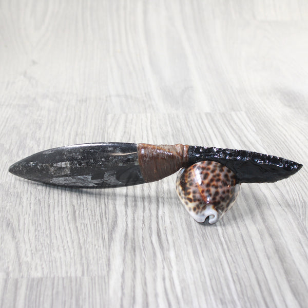 Orthoceras Fossil Handle Obsidian Blade Ornamental Knife #74654  Mountain Man Knife