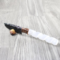 Selenite Spiral Handle Obsidian Blade Ornamental Knife #0254  Mountain Man Knife