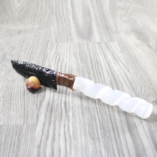 Selenite Spiral Handle Obsidian Blade Ornamental Knife #0254  Mountain Man Knife