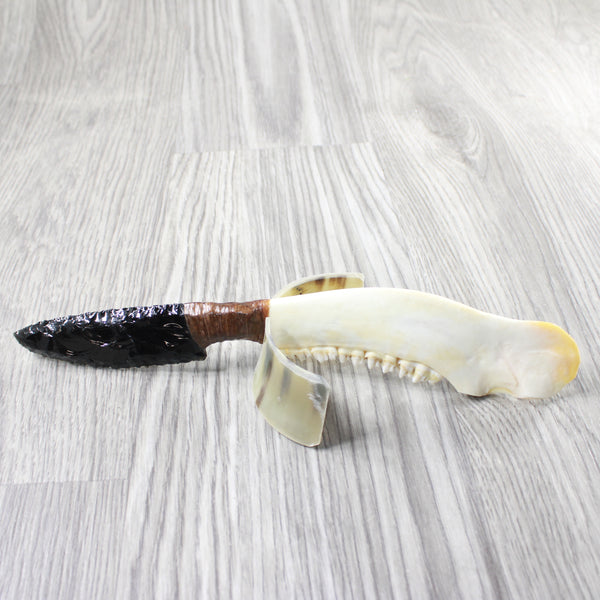 Deer Jaw Handle Obsidian Blade Ornamental Knife #0354  Mountain Man Knife
