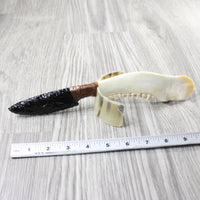 Deer Jaw Handle Obsidian Blade Ornamental Knife #0354  Mountain Man Knife